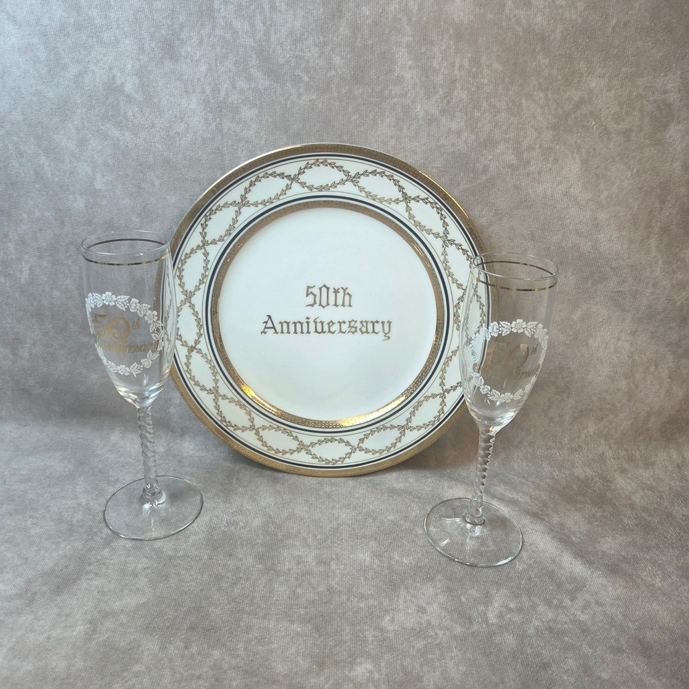 Norcrest Fine China 50th Anniversary Plate B-460 and 2 Champagne Flutes Set Gold